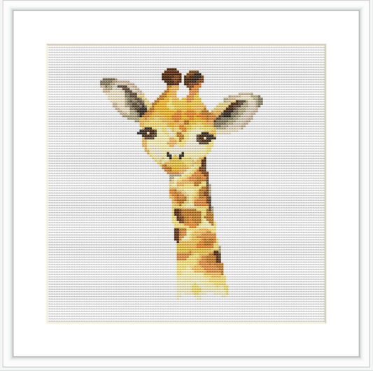 The image shows a cross-stitch pattern of a baby giraffe's face and neck with a sweet expression, centered on a square piece of fabric.