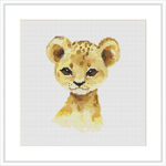 This is a cross stitch pattern of a baby lion cub's face, centered on a white background. The cub is depicted in a simplified, pixelated style with a limited color palette.