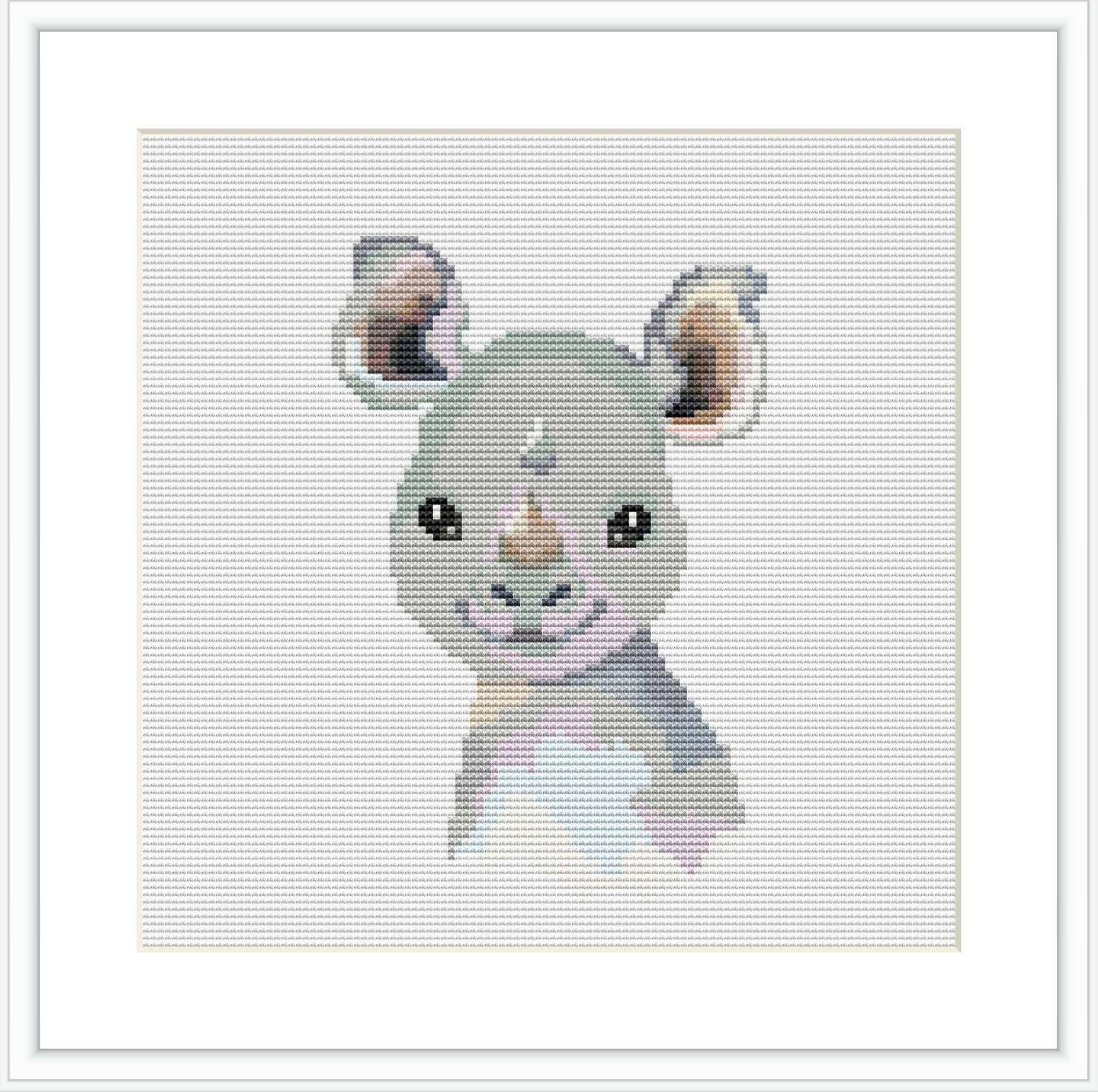 The image features a baby rhinoceros depicted in vibrant pastel cross stitch on a white background with a square aspect ratio.