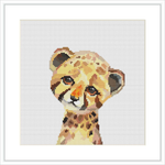 The image displays a cross stitch pattern of a cheetah cub's head. The cub is centered in the design, with a plain white background framing it.