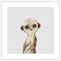 The image features a cross stitch pattern of a playful baby meerkat standing upright. It is a square design with a white background and the meerkat is centered.