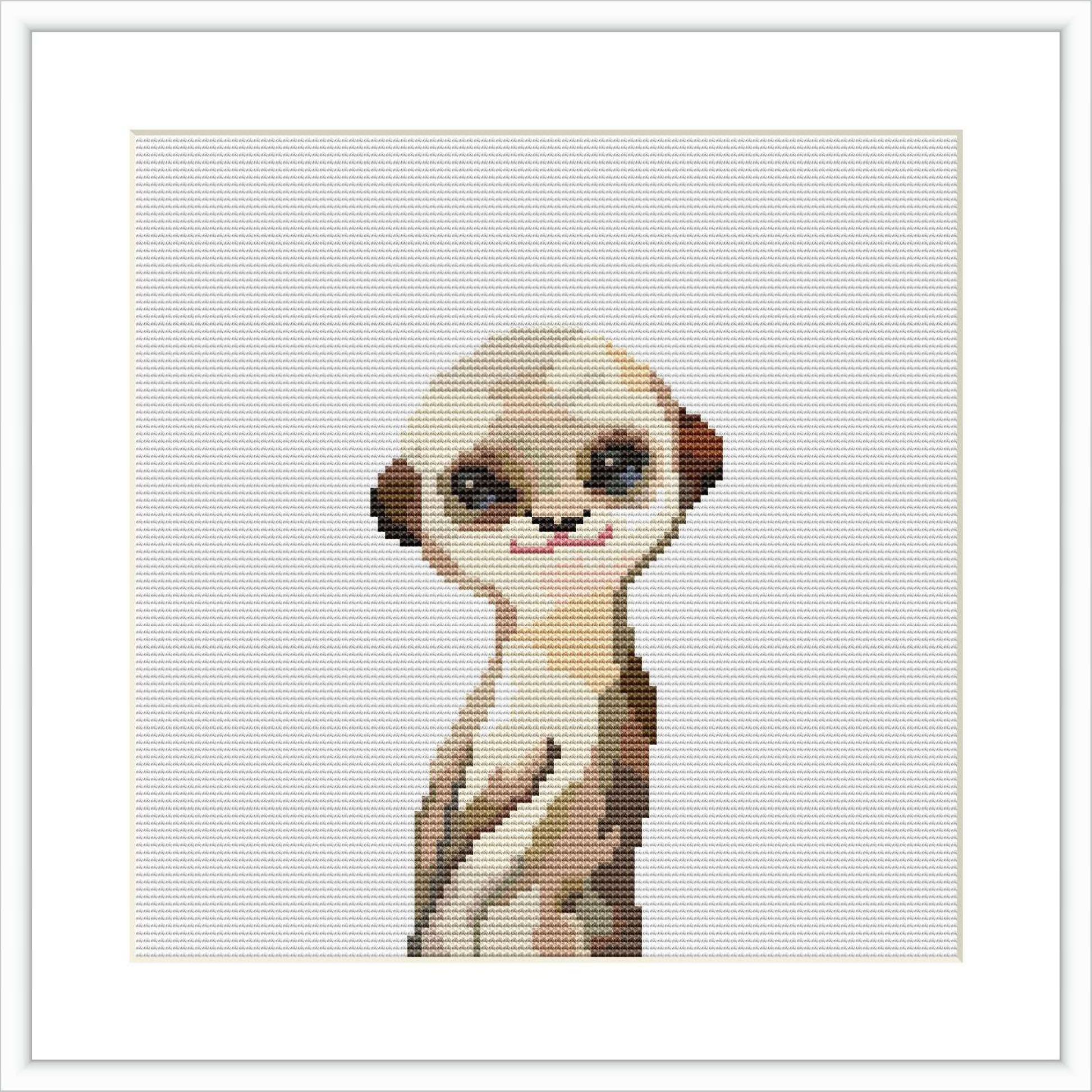 The image features a cross stitch pattern of a playful baby meerkat standing upright. It is a square design with a white background and the meerkat is centered.