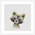 The image features a stylized raccoon head portrayed in a watercolor cross stitch pattern. It is centered on a white canvas-like background within a framed area measuring 7 inches square.