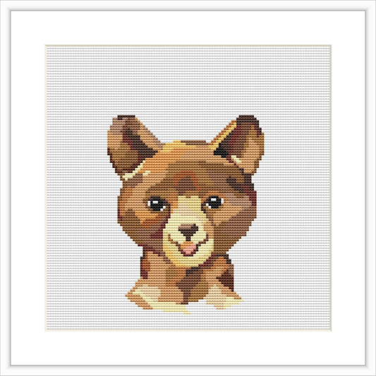 The image shows a cross stitch pattern of a baby bear facing forward, with a blend of earthy tones and subtle shading to mimic a watercolor painting.