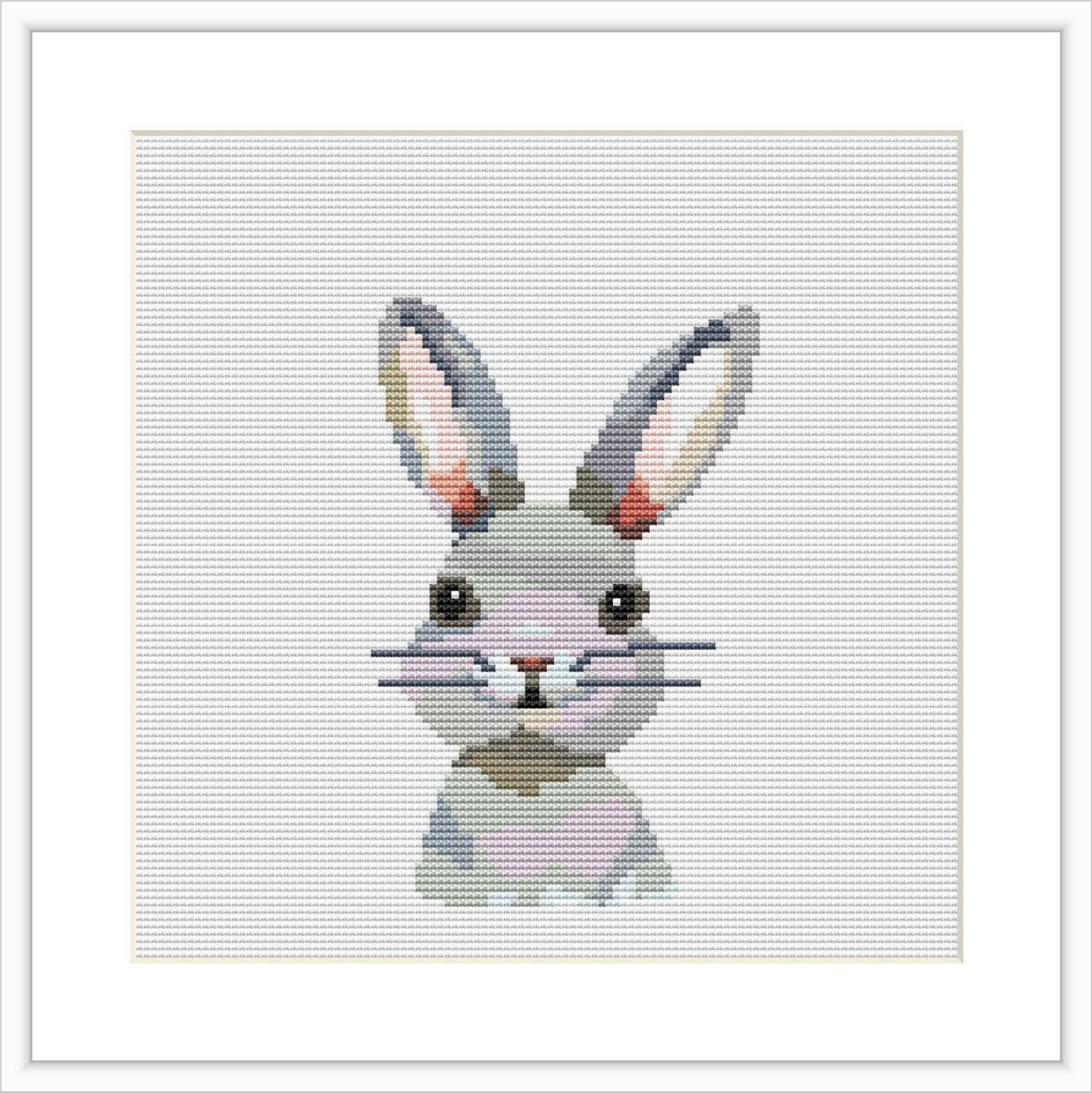 A cross-stitch pattern of a baby bunny's head and upper body centered on a squared design area, resembling a watercolor painting with soft coloration and pixelated detail.