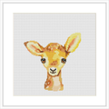 The image showcases a cross stitch pattern of a baby deer head with a friendly expression. The pattern presents a watercolor-like appearance, with a combination of warm tones against a white background. It's centered on the canvas and the stitching is grid-like to form the complete image of the deer.