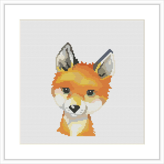 The image shows a cross stitch pattern of a baby fox head with a white background. The fox features are stylized with a watercolor effect, using pixel style stitching.