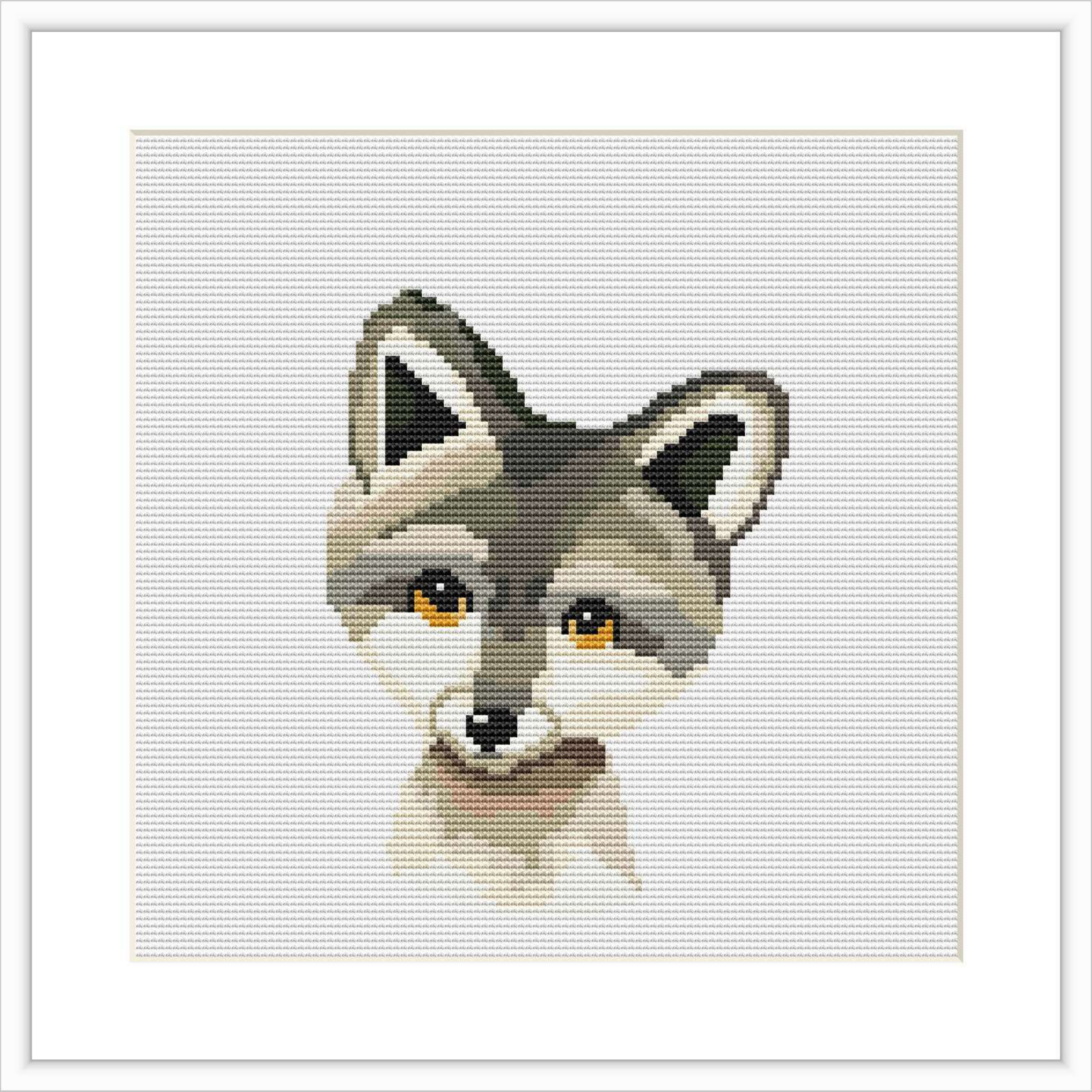 The image presents a framed cross stitch pattern depicting the head and upper torso of a baby wolf with a watercolor painting effect. The pattern is square in shape and shows a detailed and realistic representation of the wolf's features.