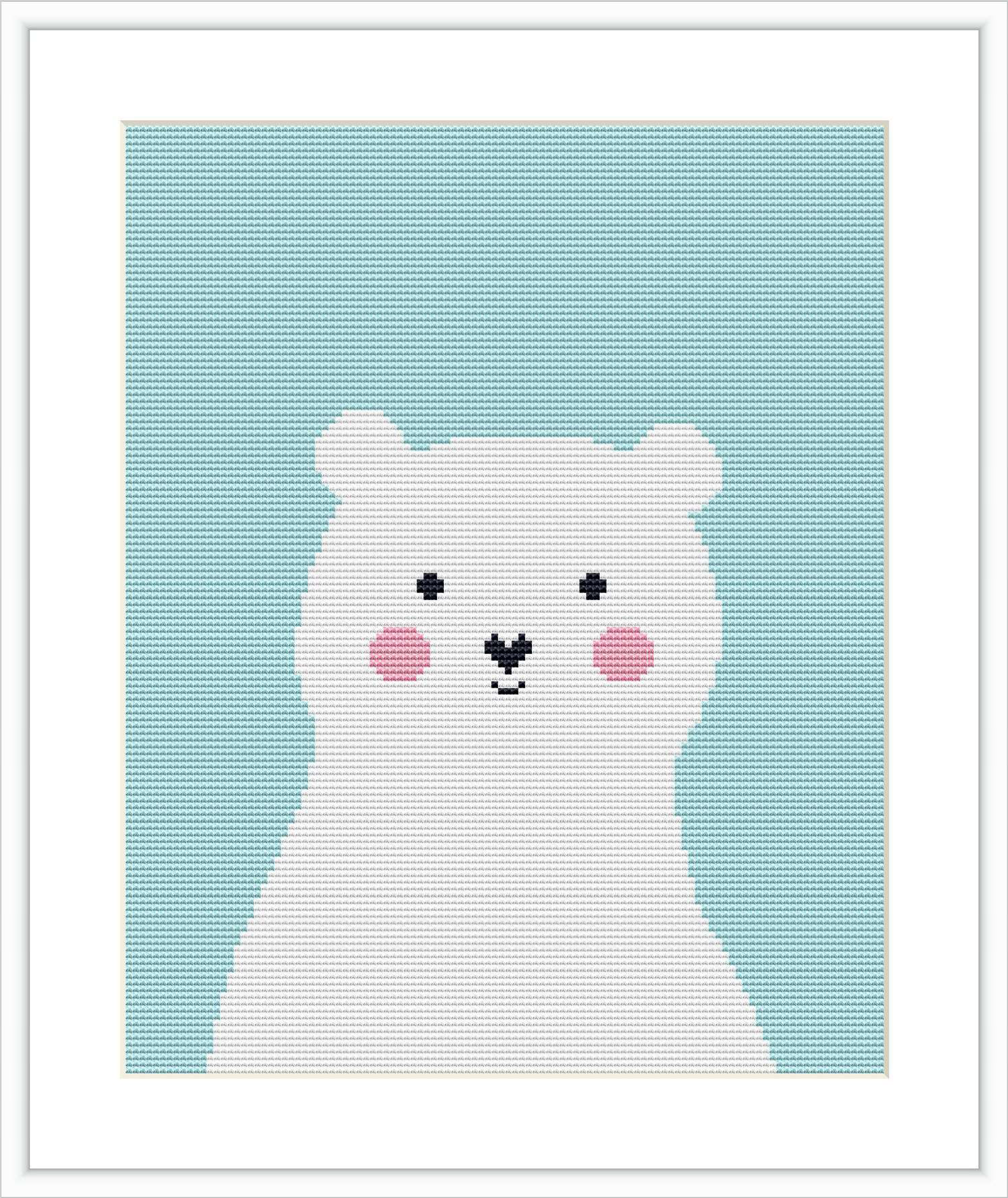 The image depicts a cross stitch pattern of a cute bear with a minimalist design, centered on a mint green background, inside a white frame with a white border around the pattern.