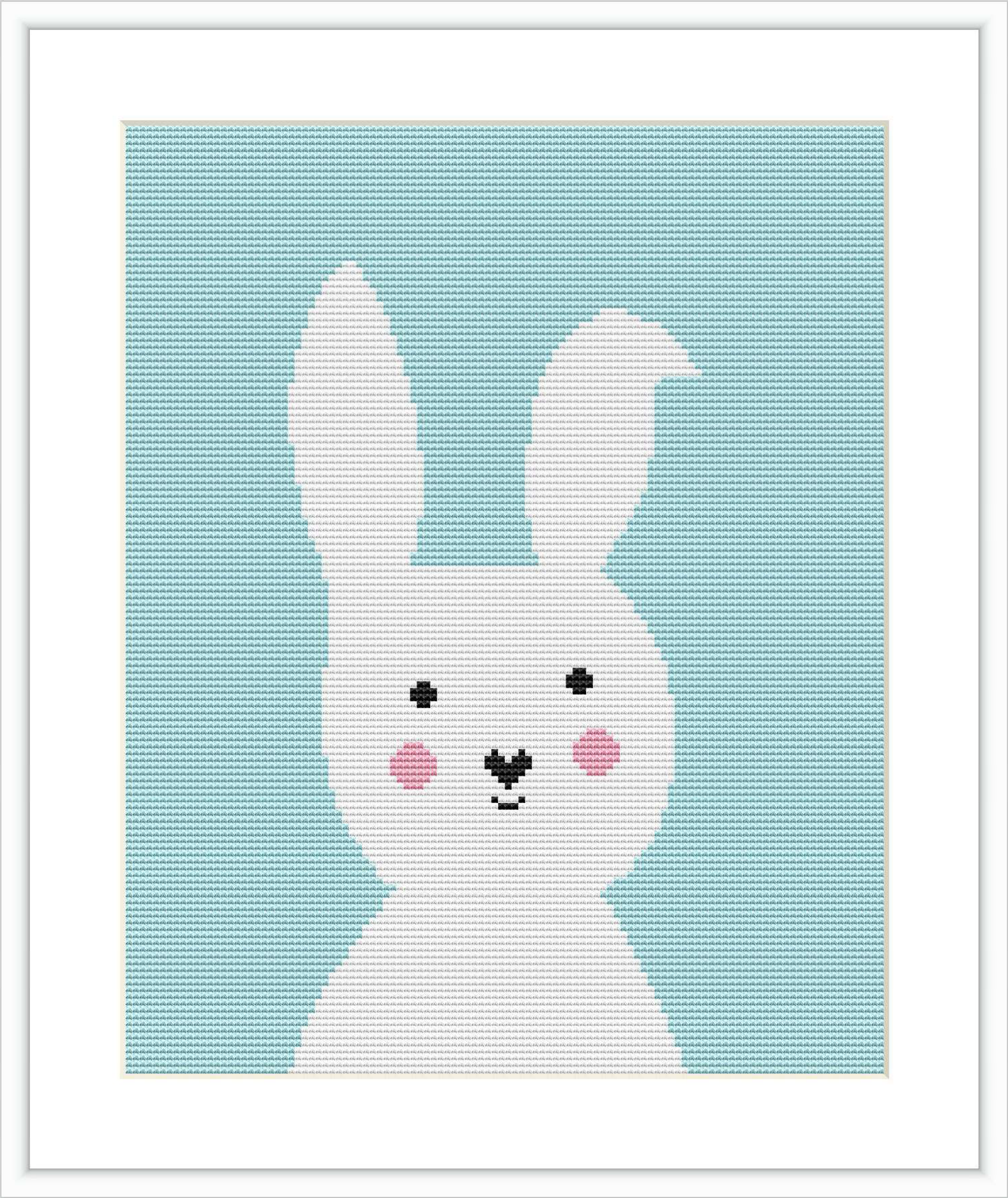 The image features a simple stylized representation of a white bunny with pink cheeks and black eyes and mouth details, set against a pastel mint blue background framed in white.