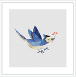 A cross stitch pattern of a bluebird with its wings spread, featuring shades of blue, grey, white, and a touch of orange. It is centered in the frame against a plain white background.