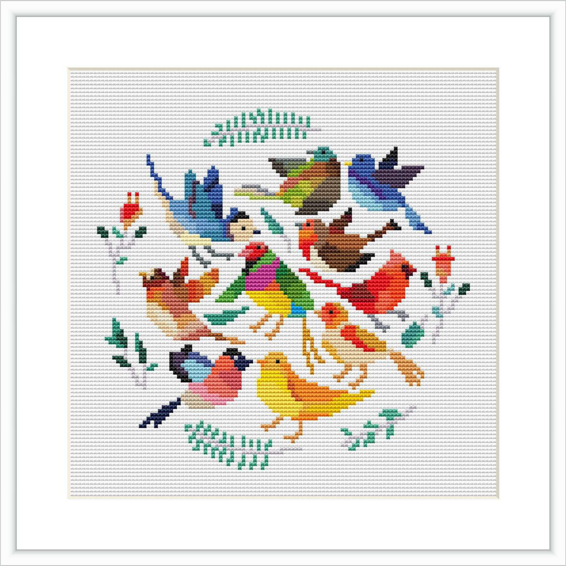 The cross stitch pattern displays a collection of birds in a circular arrangement, featuring varied colors and species. They are surrounded by green vine-like elements and small red flowers.