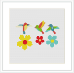 The image showcases a framed cross stitch pattern featuring three birds and three flowers. Each bird is perched atop a different colored flower on a white background.