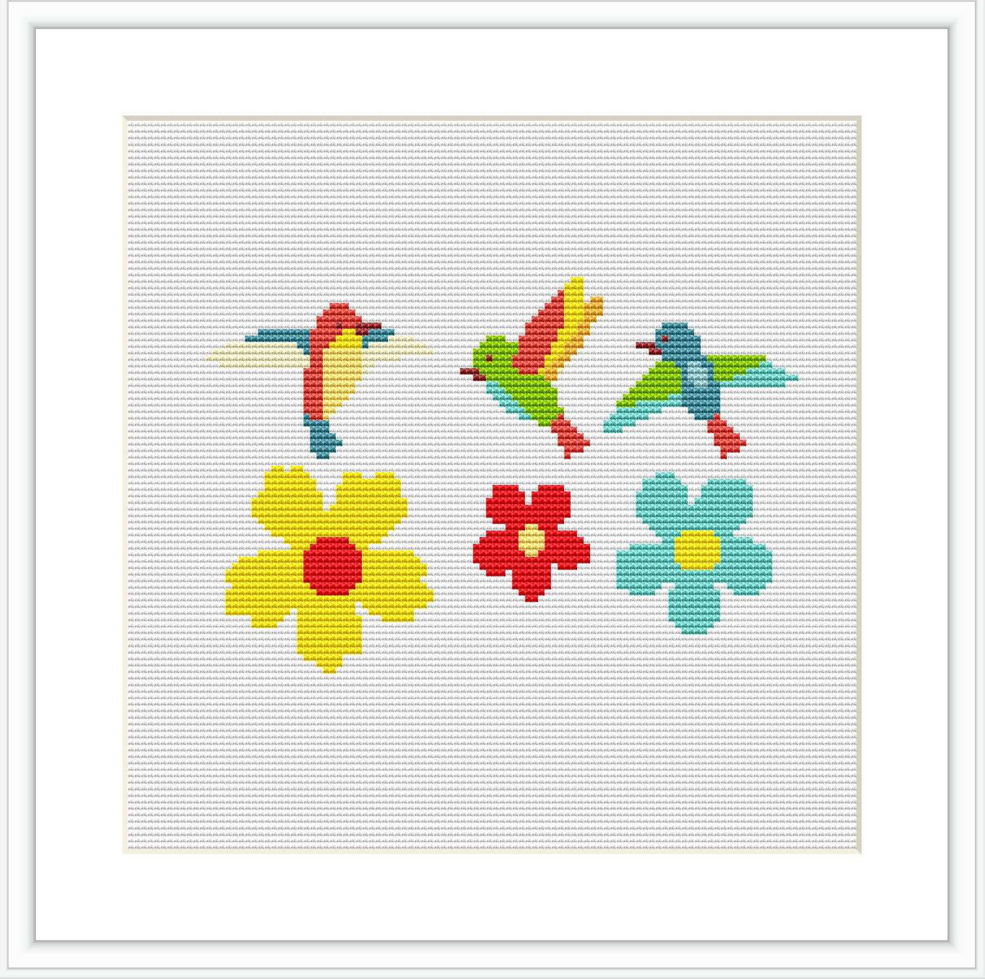 The image showcases a framed cross stitch pattern featuring three birds and three flowers. Each bird is perched atop a different colored flower on a white background.