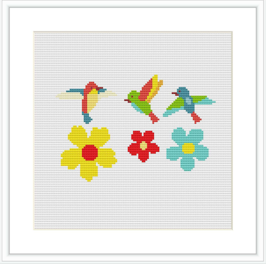 The image showcases a framed cross stitch pattern featuring three birds and three flowers. Each bird is perched atop a different colored flower on a white background.