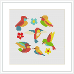 The image features a cross stitch pattern with multiple colorful birds interspersed with floral elements. There is a white border around the pattern, which is centered on a white cloth.