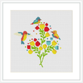 The design features multiple birds and a variety of flowers arranged in a cluster. The birds appear to be hummingbirds and songbirds, interspersed among blooms in shades of red, yellow, and blue. The background is predominantly white, and all elements are composed in a grid pattern consistent with cross stitch technique.