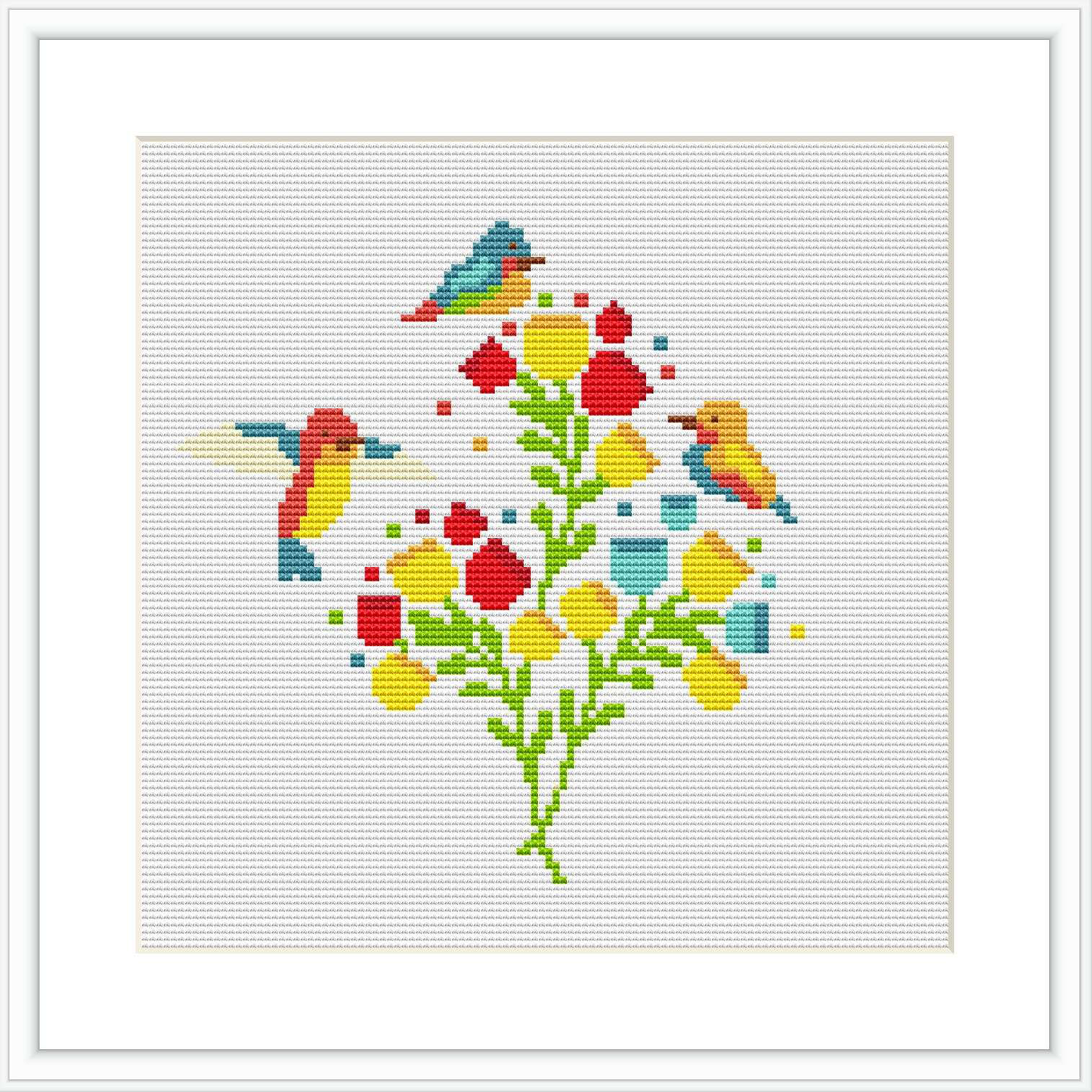 The design features multiple birds and a variety of flowers arranged in a cluster. The birds appear to be hummingbirds and songbirds, interspersed among blooms in shades of red, yellow, and blue. The background is predominantly white, and all elements are composed in a grid pattern consistent with cross stitch technique.