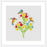 The design features multiple birds and a variety of flowers arranged in a cluster. The birds appear to be hummingbirds and songbirds, interspersed among blooms in shades of red, yellow, and blue. The background is predominantly white, and all elements are composed in a grid pattern consistent with cross stitch technique.