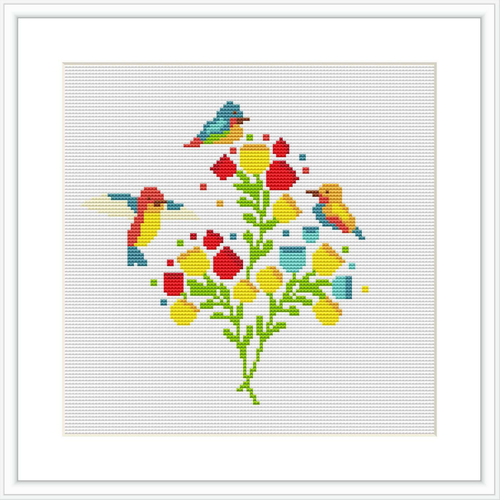 The design features multiple birds and a variety of flowers arranged in a cluster. The birds appear to be hummingbirds and songbirds, interspersed among blooms in shades of red, yellow, and blue. The background is predominantly white, and all elements are composed in a grid pattern consistent with cross stitch technique.