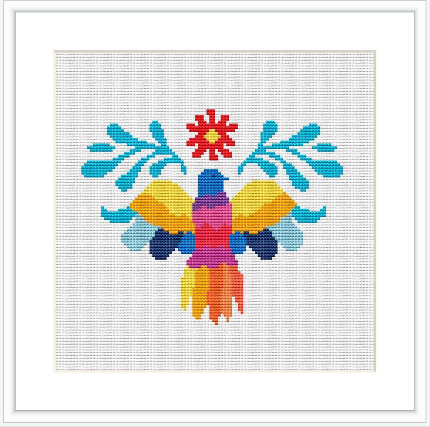 The image presents a symmetrical and stylized bird, rendered in a pixelated cross stitch pattern. The design is centered on a white canvas, bordered by a simple frame.