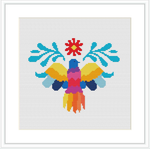 The image presents a symmetrical and stylized bird, rendered in a pixelated cross stitch pattern. The design is centered on a white canvas, bordered by a simple frame.