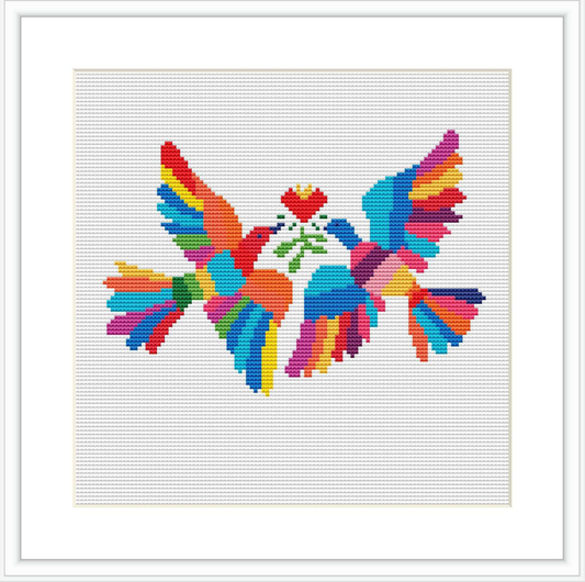 The image shows a square framed cross stitch pattern of a stylized bird with an array of vibrant colors and geometric shapes, positioned centrally on a white canvas.