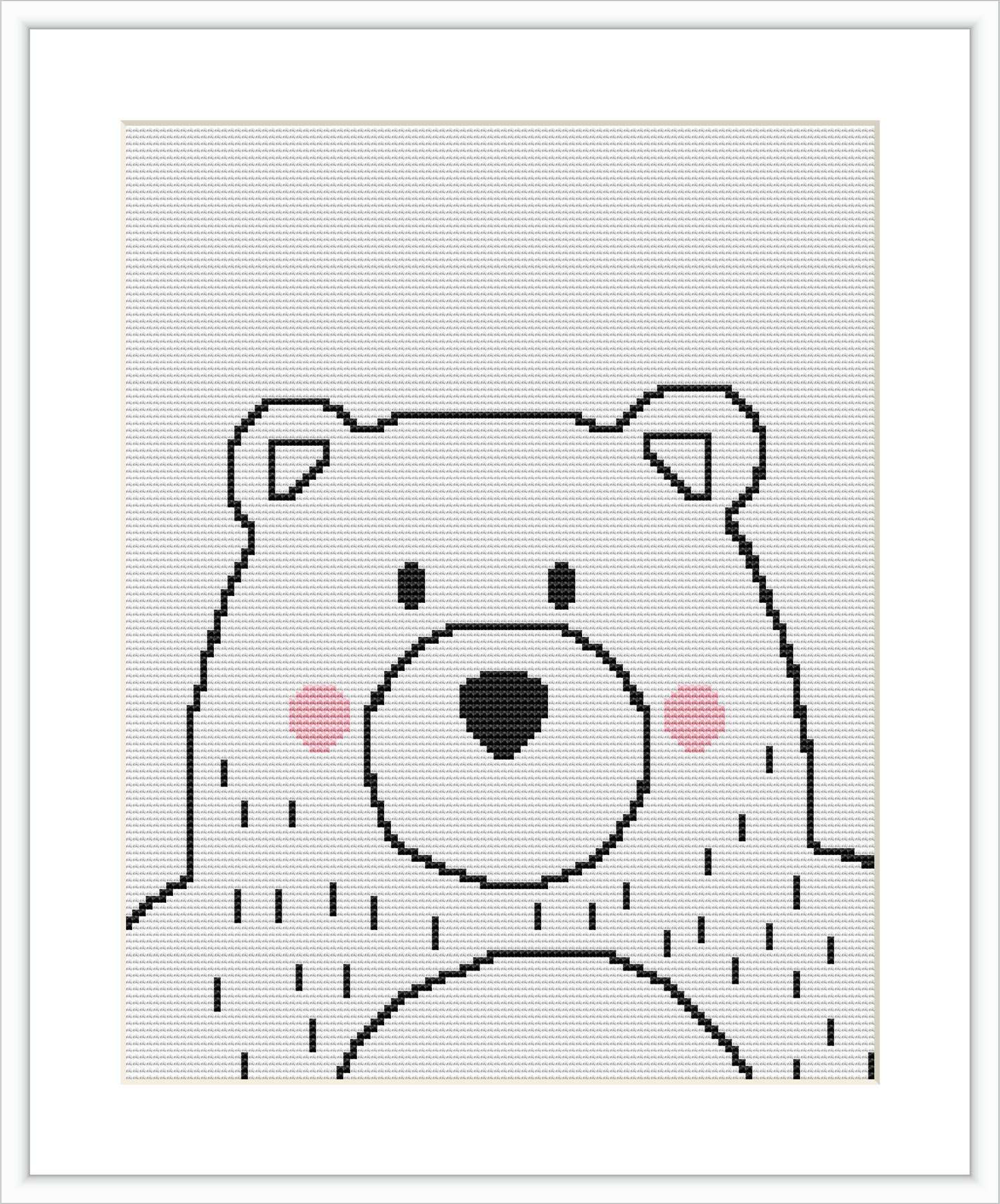 The image features a cross-stitch pattern of a black and white bear with a simple, pixelated style. The bear has round ears, expressive eyes, and a prominent nose, with a touch of pink on its cheeks. The pattern is set against a light gray background, showcasing the stitches on a grid, giving it a crafted, digital look.