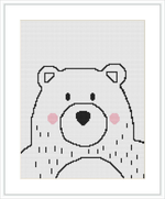 The image features a cross-stitch pattern of a black and white bear with a simple, pixelated style. The bear has round ears, expressive eyes, and a prominent nose, with a touch of pink on its cheeks. The pattern is set against a light gray background, showcasing the stitches on a grid, giving it a crafted, digital look.