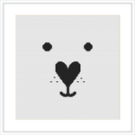 The image displays a monochrome cross stitch pattern featuring a stylized bear face with a heart-shaped nose and two dots for eyes, all centered on a white canvas.