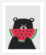 The image depicts a cross stitch pattern of a cute bear holding a large slice of watermelon in its paws. The background is white, and the bear and watermelon occupy the central space.