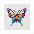 The image features a symmetrical cross stitch pattern of a butterfly centered on a canvas. The butterfly's wings are spread out, and its body and wings feature a combination of blue, yellow, brown, and white colors with teal embellishments.