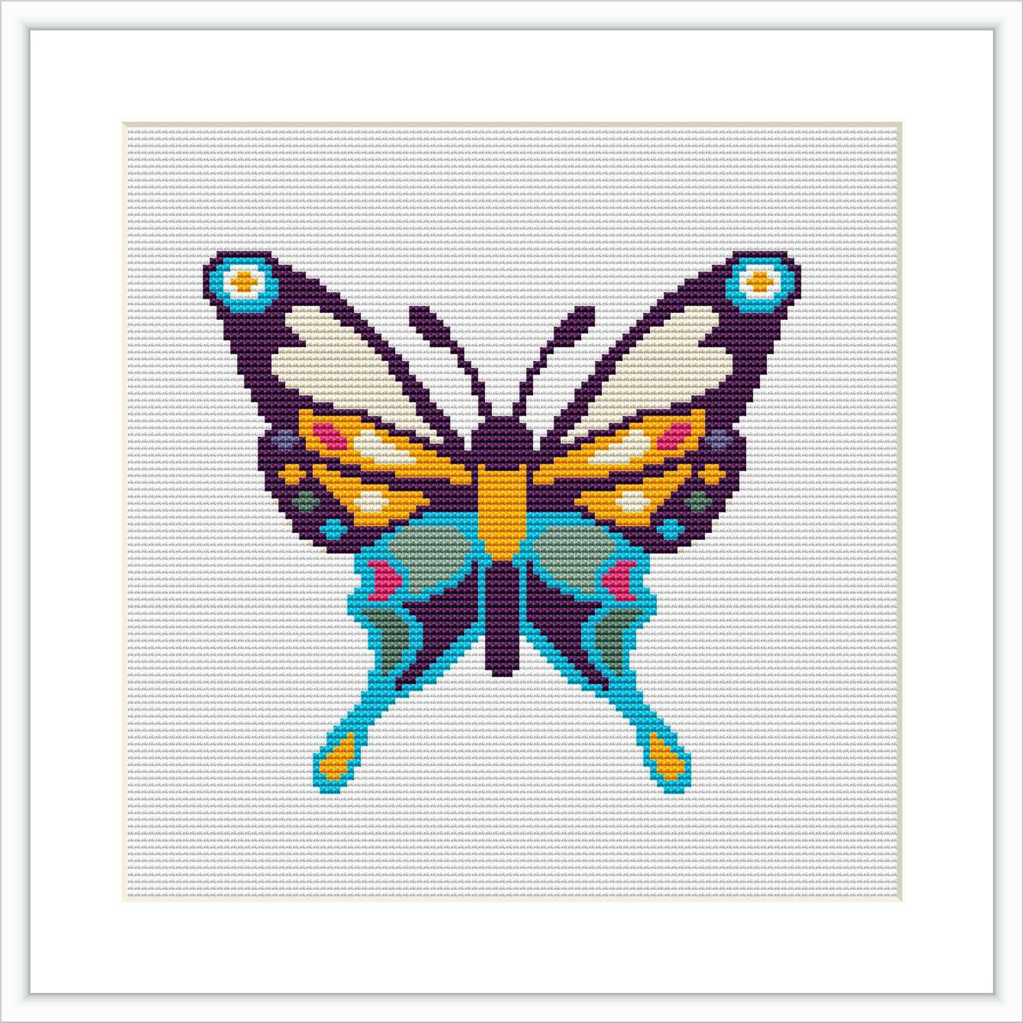 The image features a symmetrical cross stitch pattern of a butterfly centered on a canvas. The butterfly's wings are spread out, and its body and wings feature a combination of blue, yellow, brown, and white colors with teal embellishments.