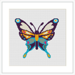 The image features a symmetrical cross stitch pattern of a butterfly centered on a canvas. The butterfly's wings are spread out, and its body and wings feature a combination of blue, yellow, brown, and white colors with teal embellishments.