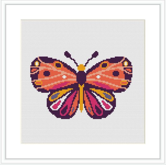 The image portrays a butterfly with outstretched wings. The background is white, emphasizing the butterfly's detailed, pixelated pattern.