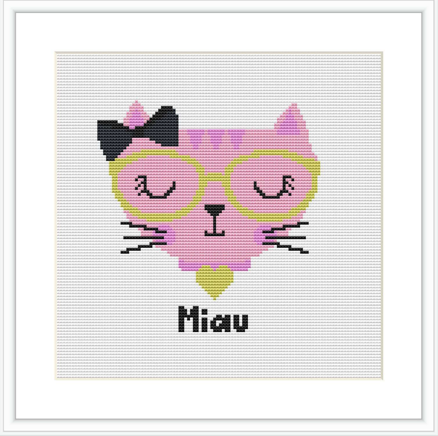 The image depicts a stylized pink cat with a bow on its head and closed eyes, with the word 'Miau' at the bottom, all framed within a square pattern on a white background.