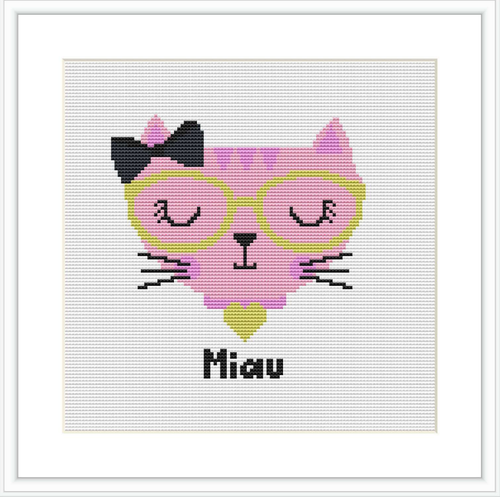 The image depicts a stylized pink cat with a bow on its head and closed eyes, with the word 'Miau' at the bottom, all framed within a square pattern on a white background.