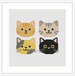 The image features four stylized, cartoon-like cat faces in a grid formation against a white backdrop. Each cat has a different fur color and pattern, with expressive eyes and simplified facial features.