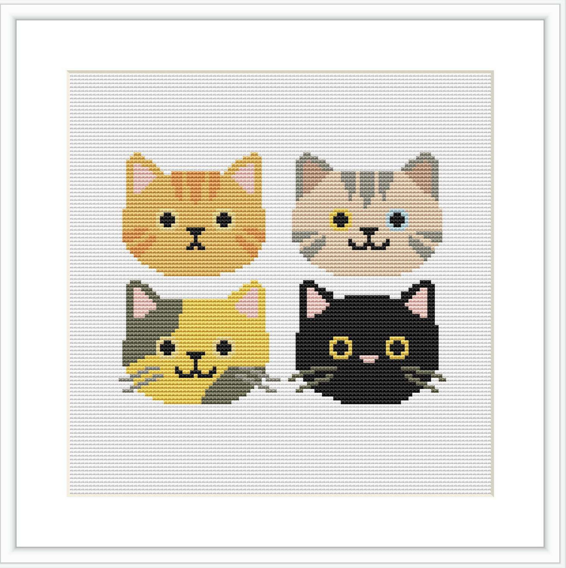 The image features four stylized, cartoon-like cat faces in a grid formation against a white backdrop. Each cat has a different fur color and pattern, with expressive eyes and simplified facial features.