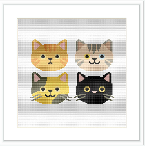 The image features four stylized, cartoon-like cat faces in a grid formation against a white backdrop. Each cat has a different fur color and pattern, with expressive eyes and simplified facial features.