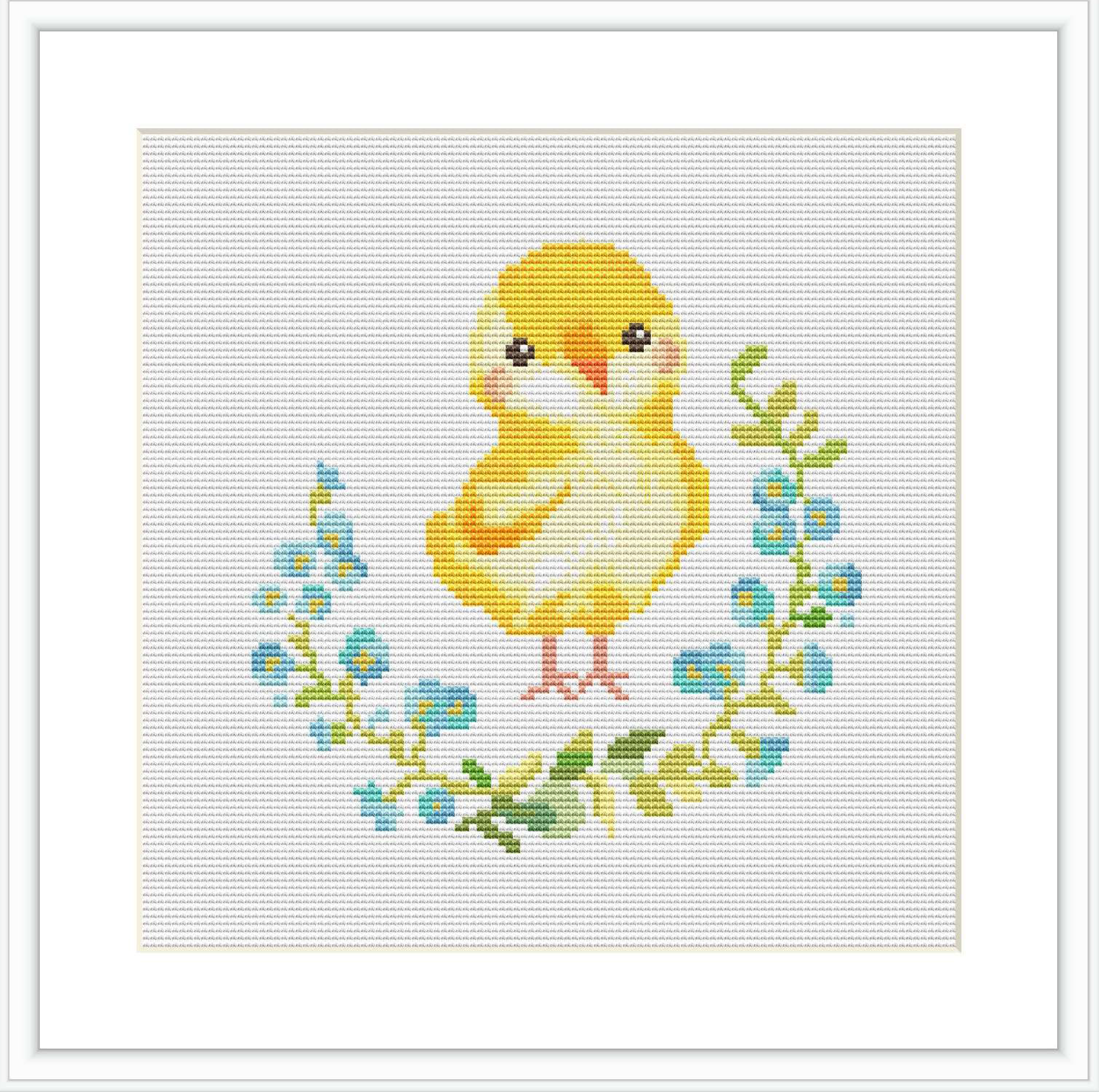 The image displays a cross stitch pattern of a yellow chick with orange beak and feet, centered within a circular wreath of blue flowers and green leaves, all stitched on a white background.