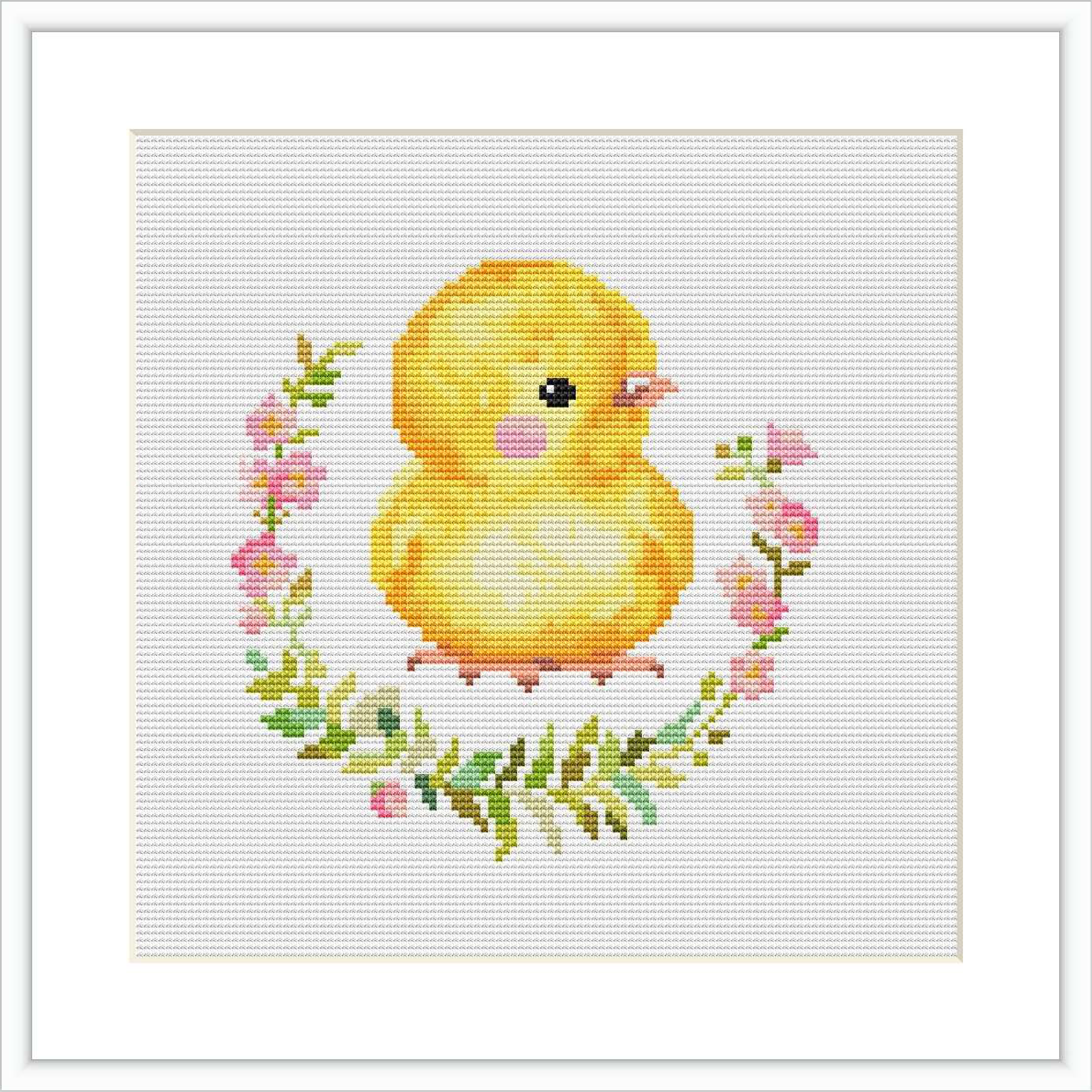 The image displays a cross stitch pattern featuring a cute, plump yellow chick in the center, encircled by a garland of pink flowers and green leaves, all against a white background.
