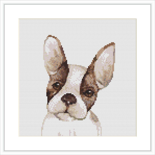 The image shows a cross stitch pattern of a French Bulldog's face, looking directly at the viewer.