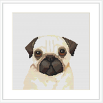 The image shows a completed cross stitch pattern featuring the face of a pug. The pug appears centered on a white grid background, filling most of the visible area with its likeness.