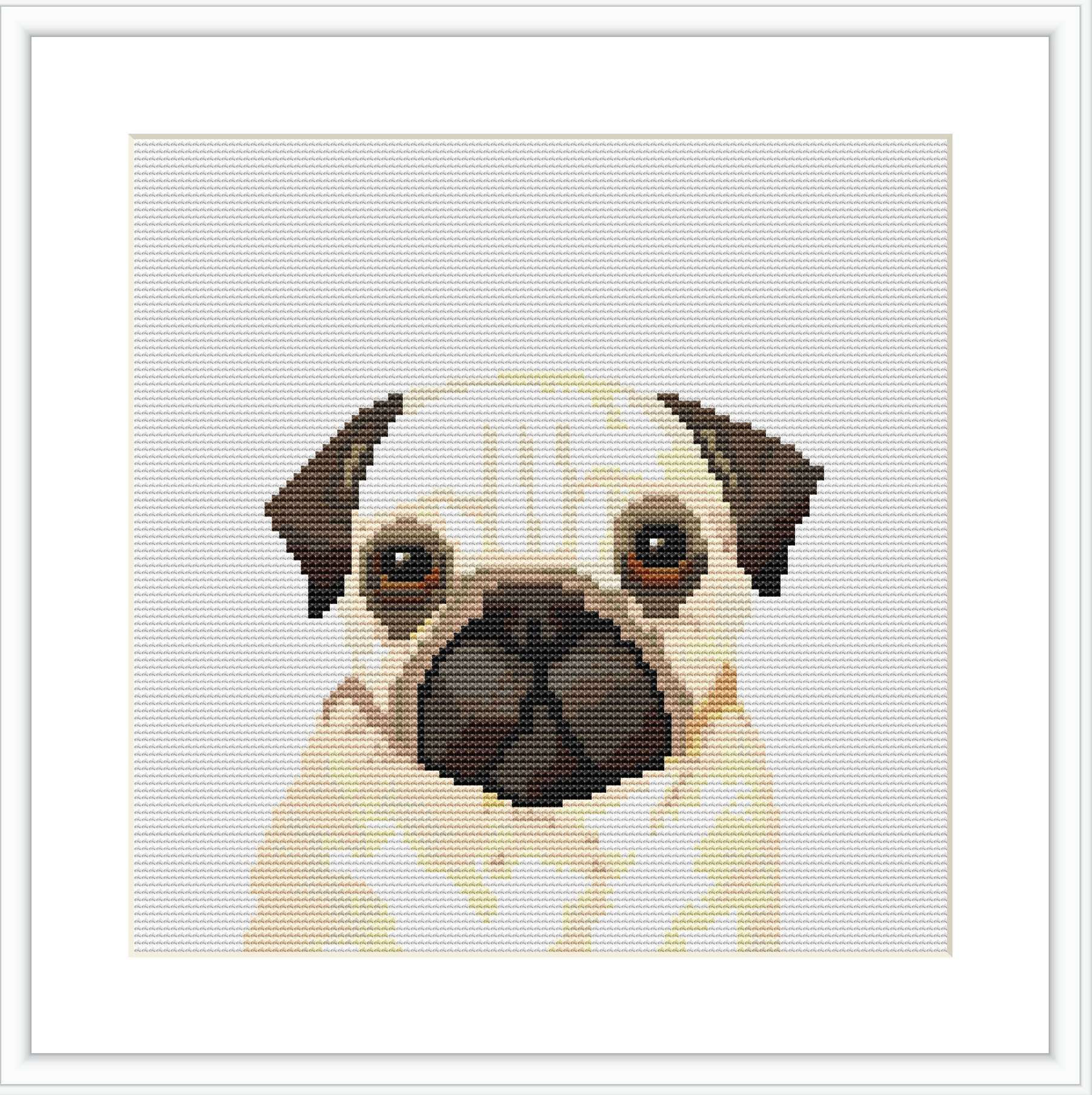 The image shows a completed cross stitch pattern featuring the face of a pug. The pug appears centered on a white grid background, filling most of the visible area with its likeness.