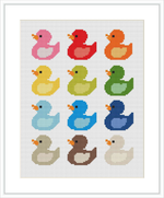 The image shows twelve cross stitch duck patterns arranged in three rows of four. Each duck is stitched in a different gradient color ranging from pinks to blues and greens.