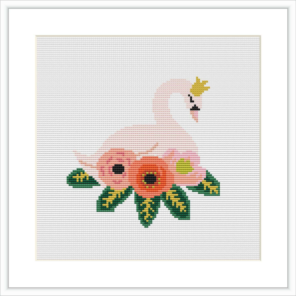 The image depicts a cross stitch pattern of a pink swan with a tiny gold crown on its head, surrounded by pink and peach flowers with green leaves, on a grid-based white fabric.