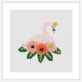 The image depicts a cross stitch pattern of a pink swan with a tiny gold crown on its head, surrounded by pink and peach flowers with green leaves, on a grid-based white fabric.
