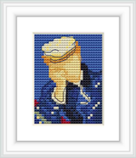 The cross stitch design features what appears to be a portrait rendered in small, patterned stitches. Dominated by shades of blue and yellow, the image showcases a figure resembling Dr. Gache, with details in red and brown, framed within a simulated white picture frame on a blue background.
