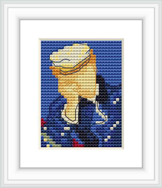 The cross stitch design features what appears to be a portrait rendered in small, patterned stitches. Dominated by shades of blue and yellow, the image showcases a figure resembling Dr. Gache, with details in red and brown, framed within a simulated white picture frame on a blue background.